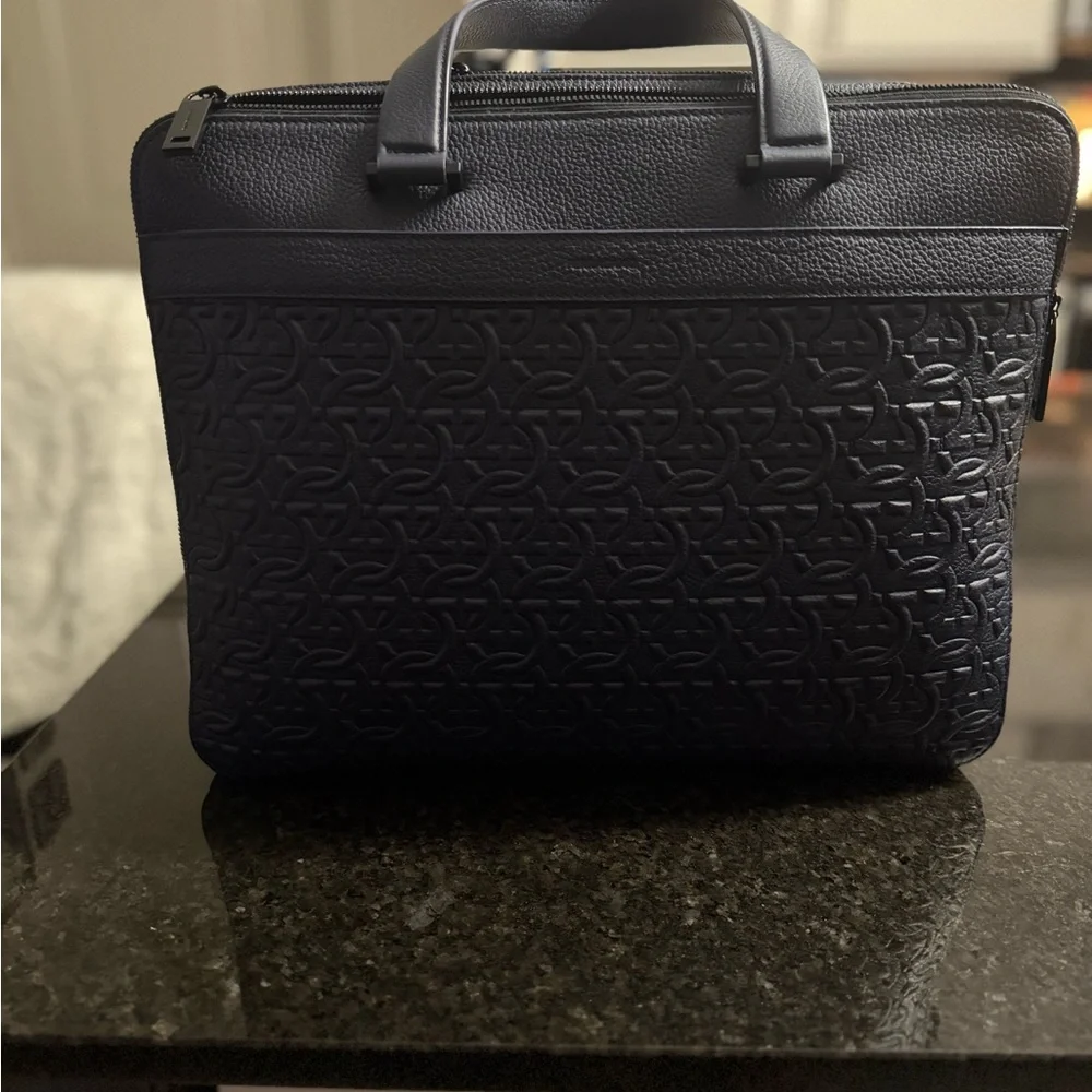 Salvatore Ferragamo Navy Embossed Leather Laptop Briefcase